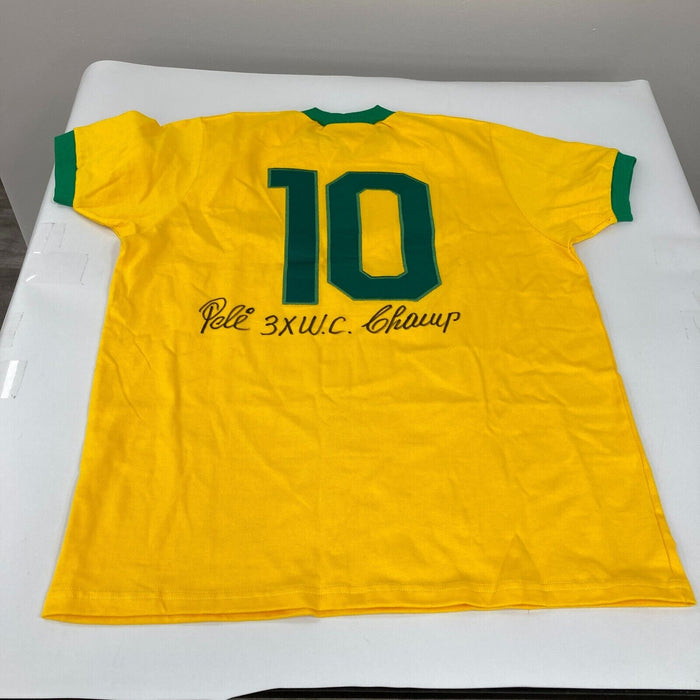Pele "3X World Cup Champ" Signed Inscribed Brazil Soccer Jersey PSA DNA COA RARE