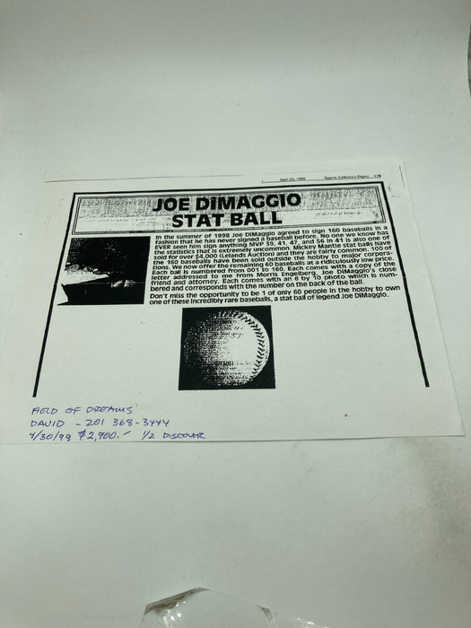 Joe Dimaggio Signed Heavily Inscribed STAT Baseball JSA COA