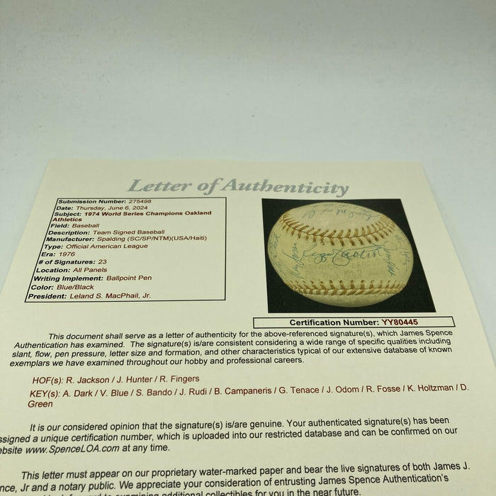 Beautiful 1974 Oakland A’s World Series Champs Team Signed Baseball JSA COA