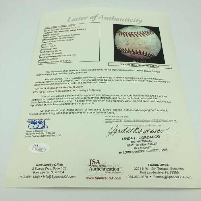 1977 All Star Game Team Signed Baseball Hank Aaron Sparky Anderson With JSA COA