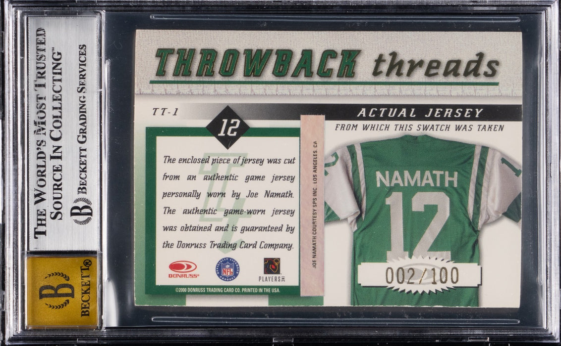 2000 Donruss Elite Throwback Threads Joe Namath Auto Game Jersey BGS 10 #2/100