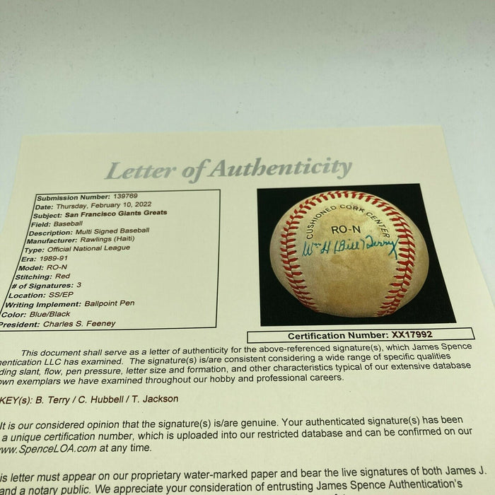Travis Jackson Carl Hubbell Bill Terry New York Giants HOF Signed Baseball JSA