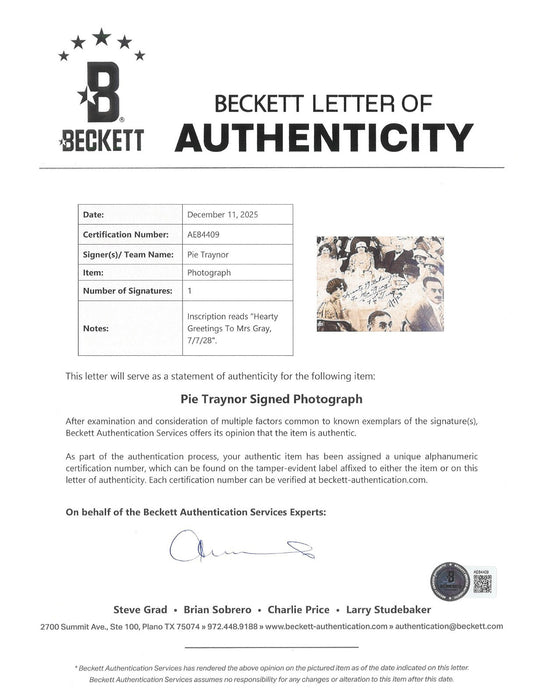 Pie Traynor Signed 10x20 1928 Testimonial Dinner Original Photo Beckett COA