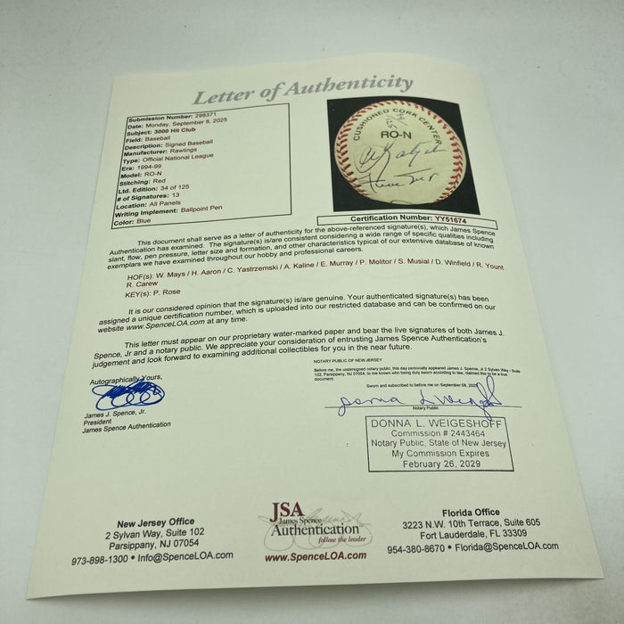 3,000 Hit Club Signed Baseball 13 Sigs Willie Mays Hank Aaron Stan Musial JSA