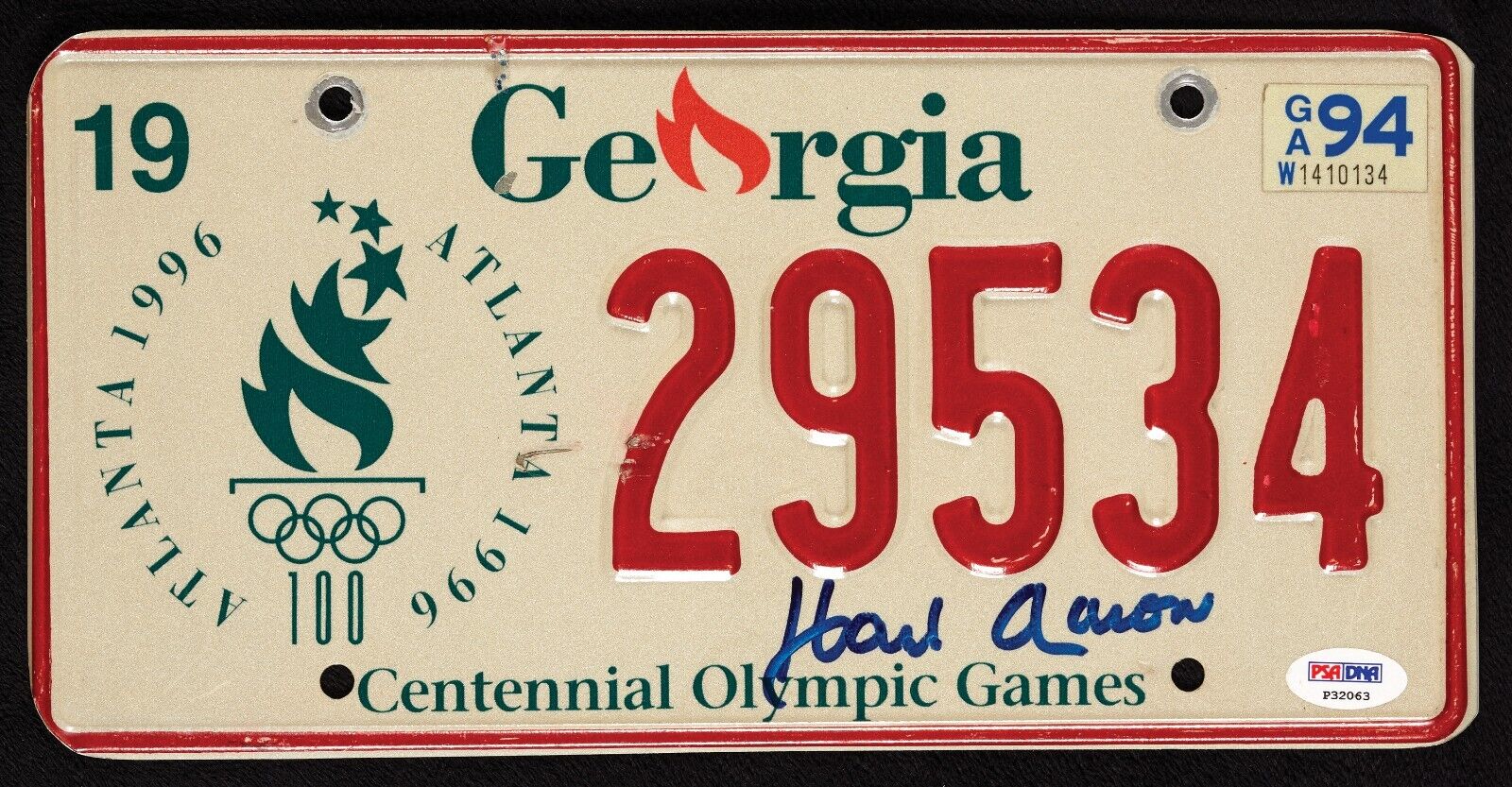 Hank Aaron Signed Autographed Georgia 1996 Olympics License Plate PSA DNA