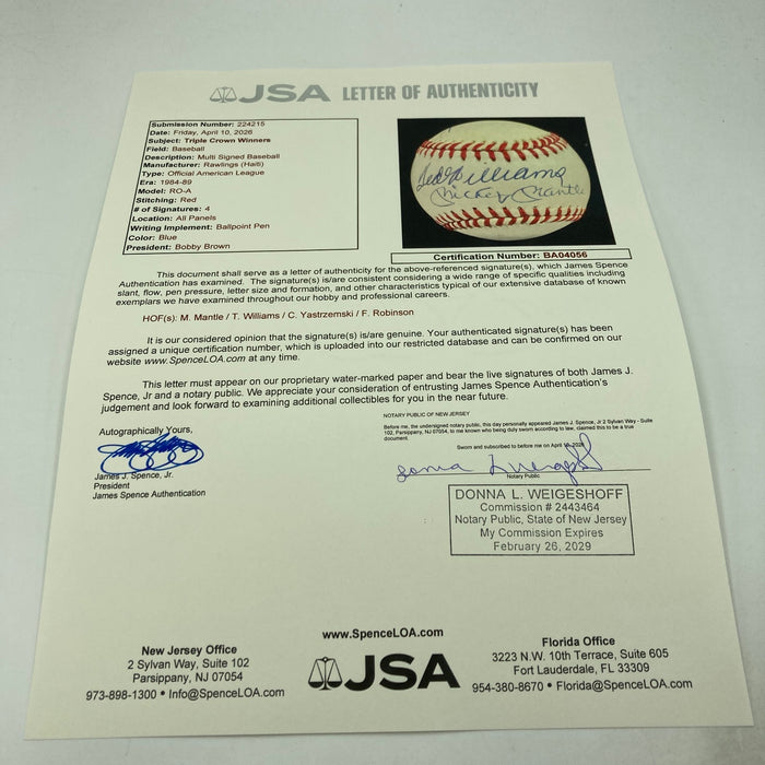Mickey Mantle Ted Williams Carl Yastrzemski Triple Crown Signed Baseball JSA COA