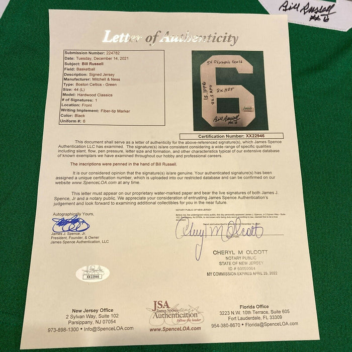 Bill Russell Signed Heavily Inscribed STATS Boston Celtics Jersey With JSA COA