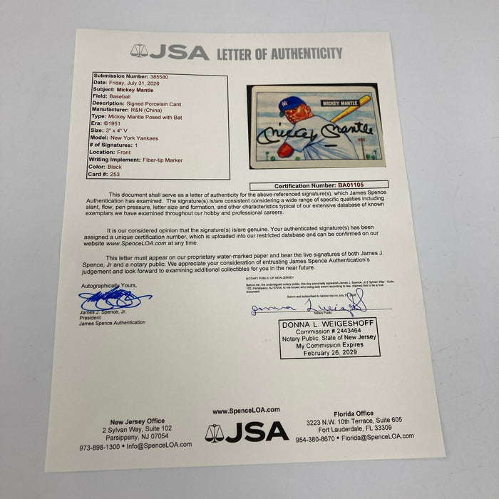 1951 Bowman Mickey Mantle Signed Porcelain Baseball Card RC JSA COA Auto