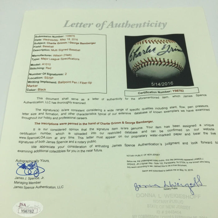 1981 Charlie Grimm & George Bamberger Signed Autographed Baseball With JSA COA