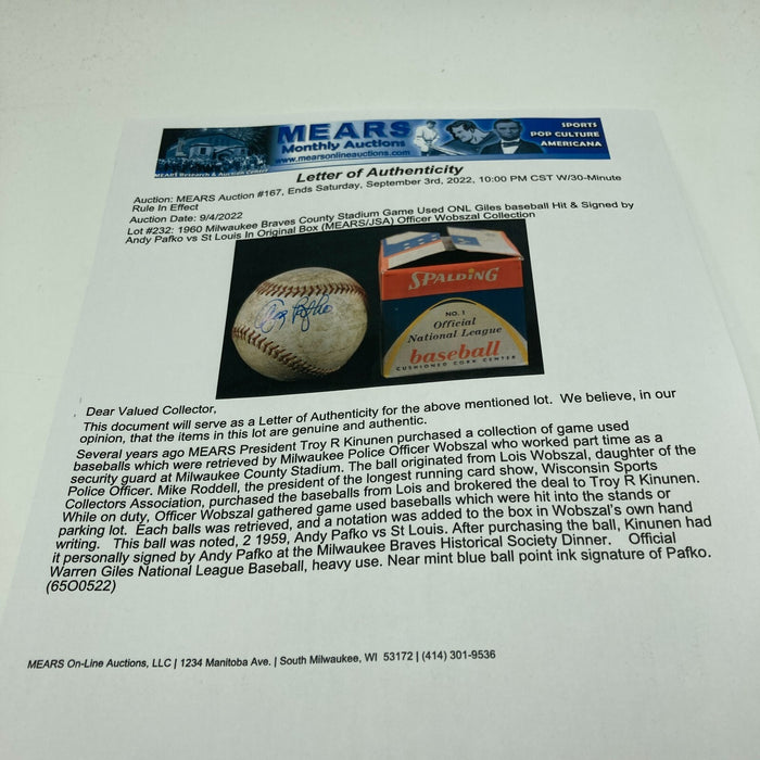 Andy Pafko Signed 1960 Game Used Actual Hit Baseball Milwaukee Braves JSA COA