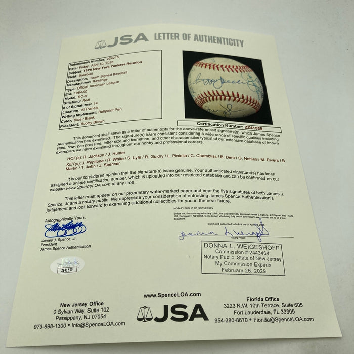 1979 New York Yankees Team Signed Official American League Baseball JSA COA
