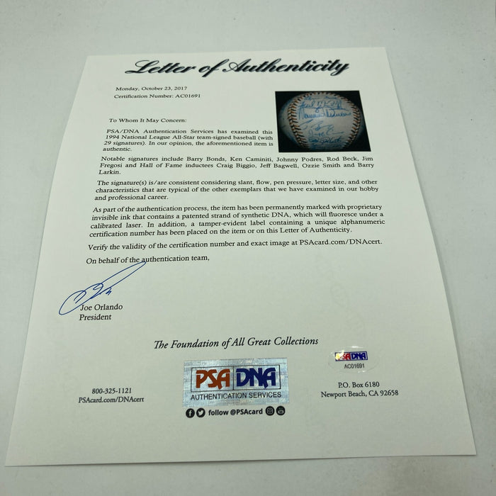 1994 All Star Game National League Team Signed Baseball Barry Bonds PSA DNA COA