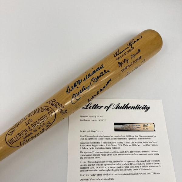 500 Home Run Club Signed Bat Mickey Mantle Ted Williams Willie Mays PSA DNA COA