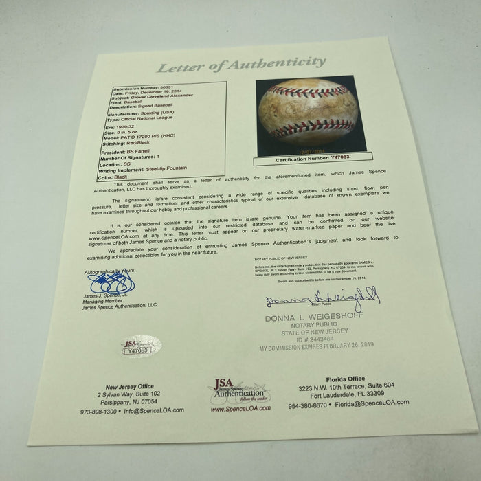 Grover Cleveland Alexander Single Signed 1929 National League Baseball JSA COA