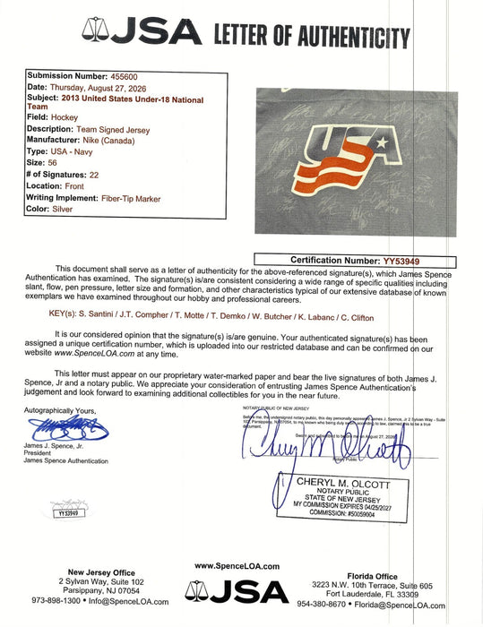 2013 U-18 USA National Team Signed Nike Hockey Jersey JSA COA
