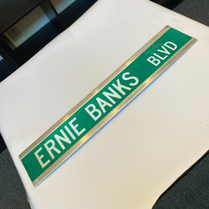 Ernie Banks Twice Signed 6x30 Street Sign Ernie Banks BLVD JSA COA