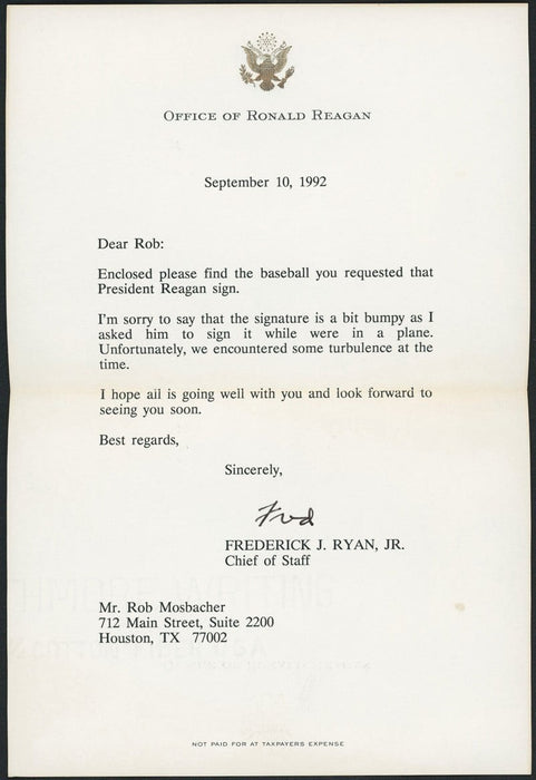 President Ronald Reagan Single Signed Baseball PSA DNA COA & White House Letter
