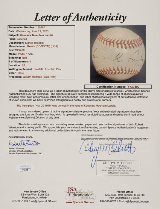 Kenesaw Mountain Landis Single Signed American League Baseball HOF JSA COA RARE
