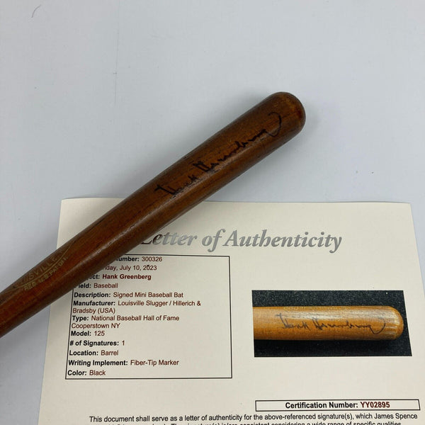 Hank Greenberg Signed 1950's Hall Of Fame Mini Baseball Bat JSA COA