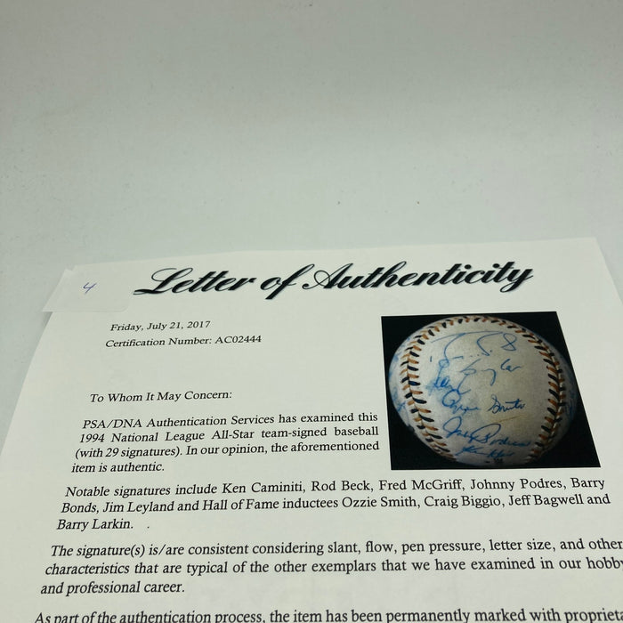 1994 All Star Game National League Team Signed Baseball Barry Bonds PSA DNA COA