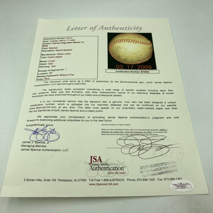 Satchel Paige Single Signed Vintage 1954 Minor League Baseball JSA COA
