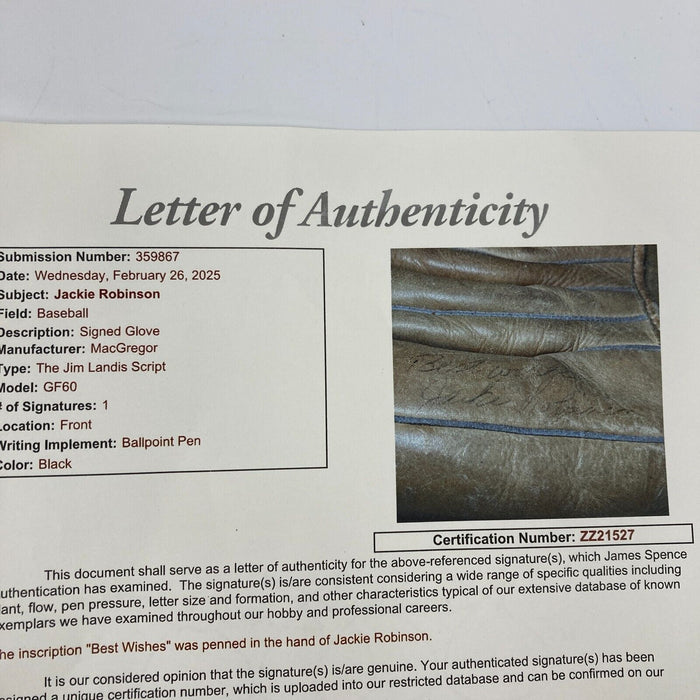 Jackie Robinson Single Signed Baseball Glove The Only One Known JSA COA