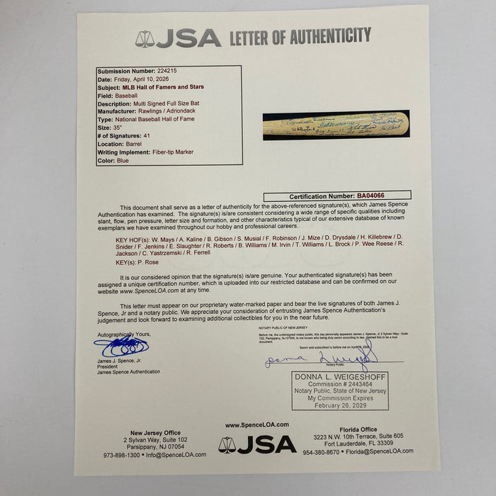 Beautiful Hall Of Fame Multi Signed Baseball Bat 41 Sigs Ted Williams Mays JSA