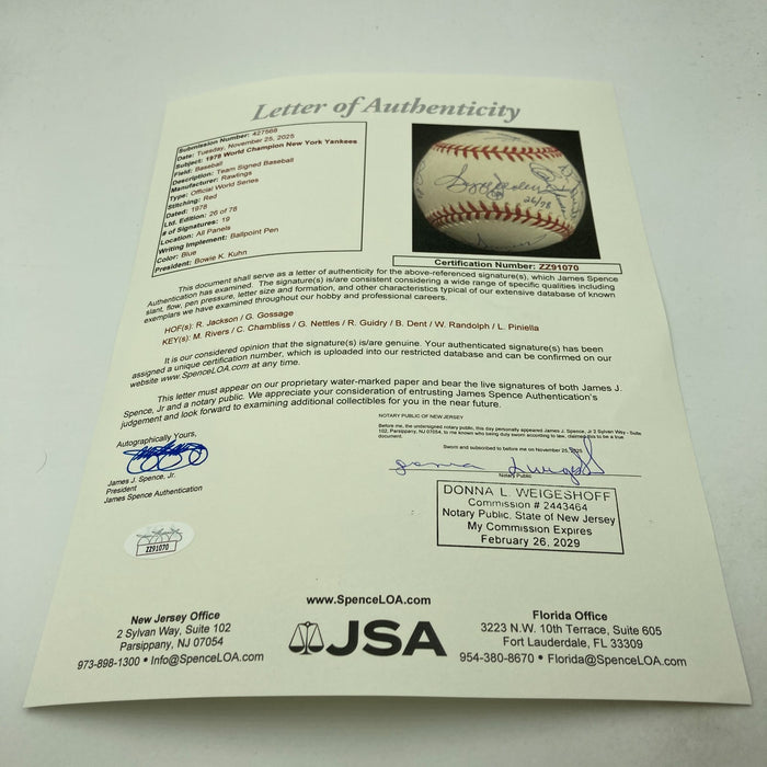 1978 New York Yankees World Series Champs Team Signed W.S. Baseball JSA COA