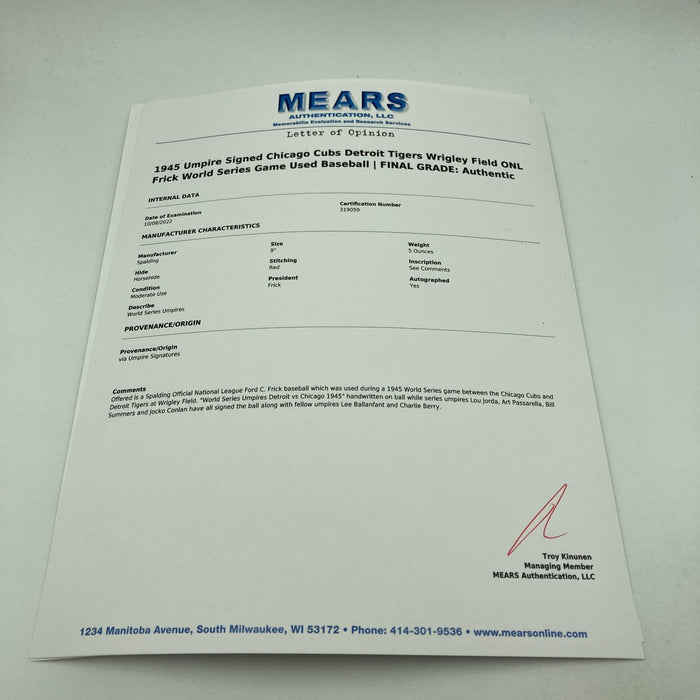 1945 World Series Signed Game Used Baseball Chicago Cubs Wrigley Field MEARS COA