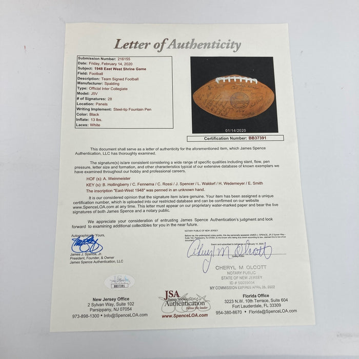 1948 East-West Shrine Game Multi Signed Football JSA COA