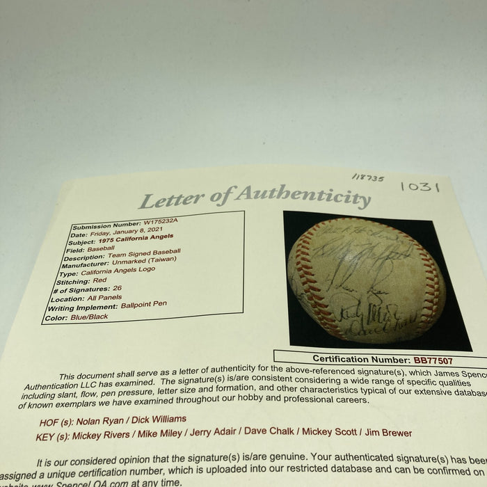 1975 California Angels Team Signed Baseball Nolan Ryan JSA COA