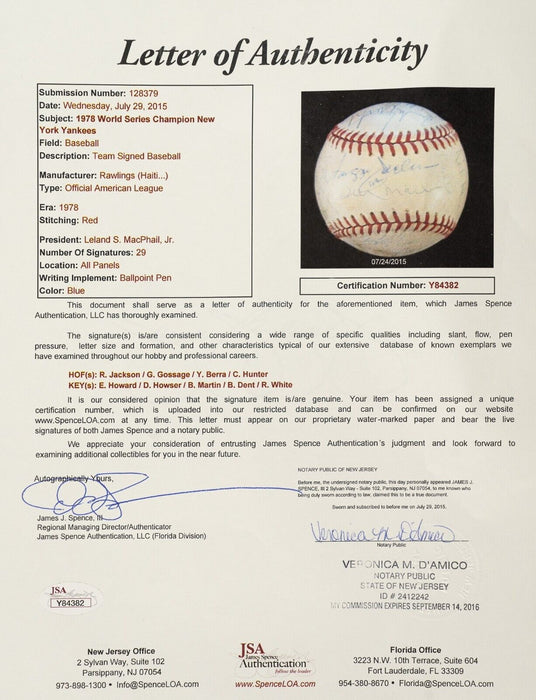 1978 New York Yankees World Series Champs Team Signed Baseball JSA COA