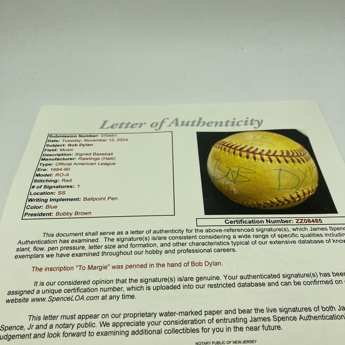 Bob Dylan Single Signed American League Baseball JSA COA RARE
