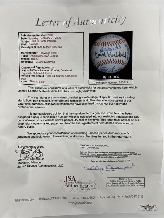 Beautiful HOF Pitching Legends Signed Baseball Sandy Koufax 24 Sigs JSA COA