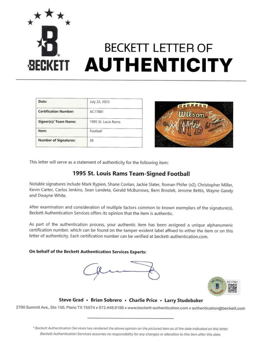 1995 St. Louis Rams Team Signed Wilson NFL Game Football Beckett COA