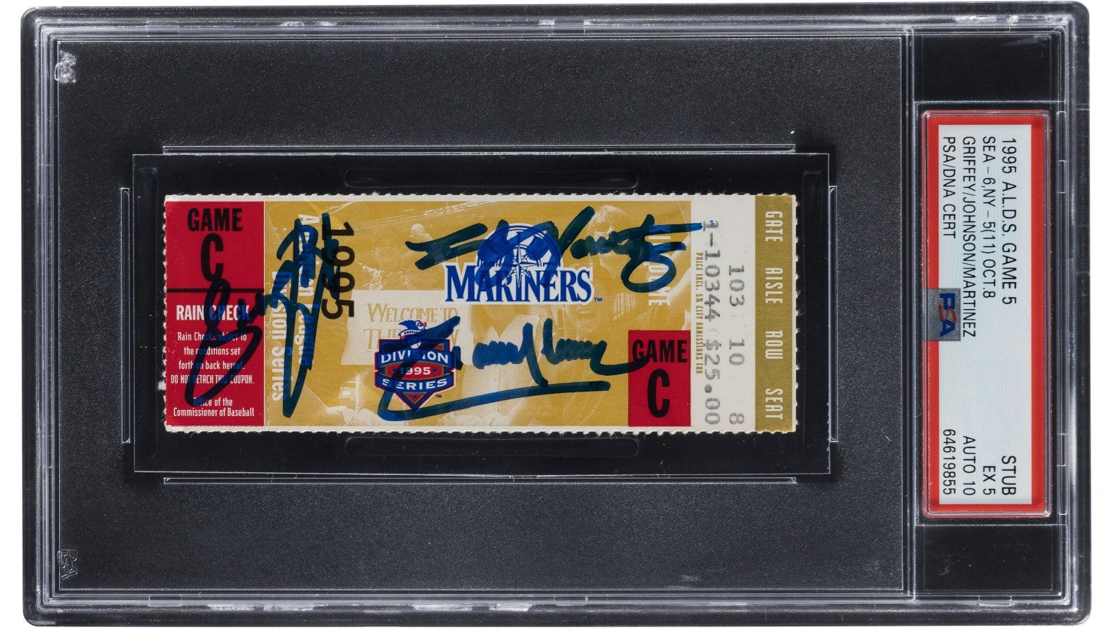 Ken Griffey Jr. & Randy Johnson Signed 1995 ALDS Game 5 Ticket PSA 10 GEM MINT