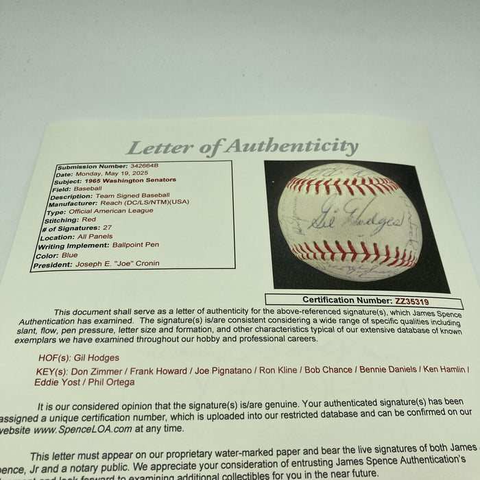Gil Hodges Sweet Spot 1965 Washington Senators Team Signed AL Baseball JSA COA