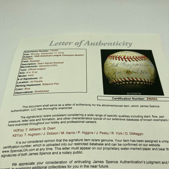 1946 Boston Red Sox AL Champs Team Signed Baseball Ted Williams JSA COA