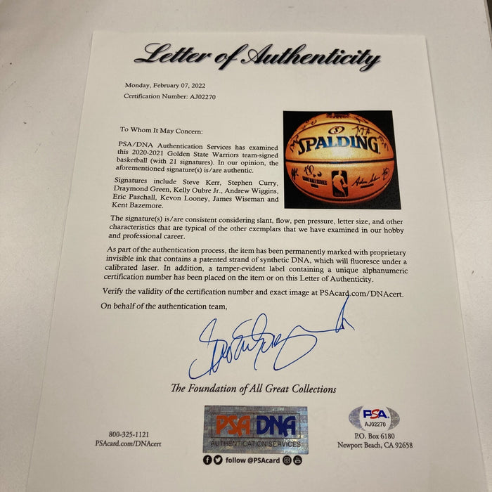 2020-21 Golden State Warriors Team Signed Basketball Stephen Curry PSA DNA COA