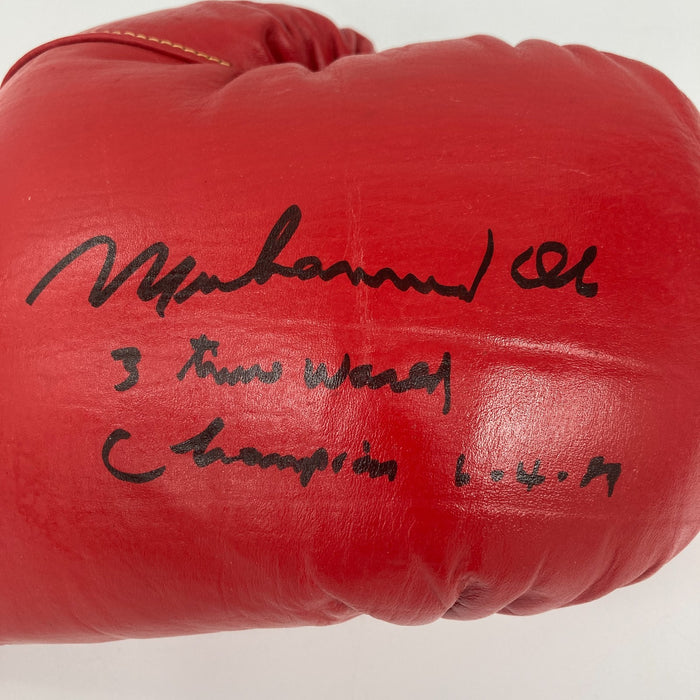 Muhammad Ali "3 Time World Champion" Signed Inscribed Boxing Glove JSA COA