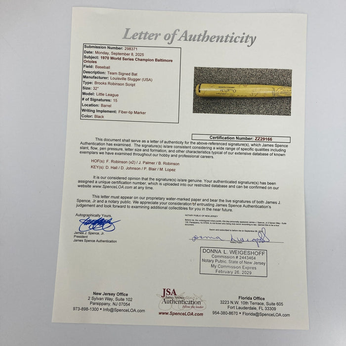 1970 Baltimore Orioles World Series Champs Team Signed Baseball Bat JSA COA