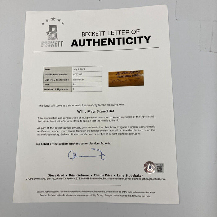 Willie Mays Signed Adirondack Game Model Baseball Bat With Beckett COA