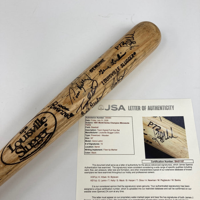 1991 Minnesota Twins World Series Champs Team Signed Baseball Bat JSA COA