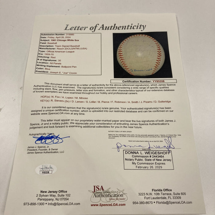 Nellie Fox 1961 Chicago White Sox Team Signed American League Baseball JSA COA