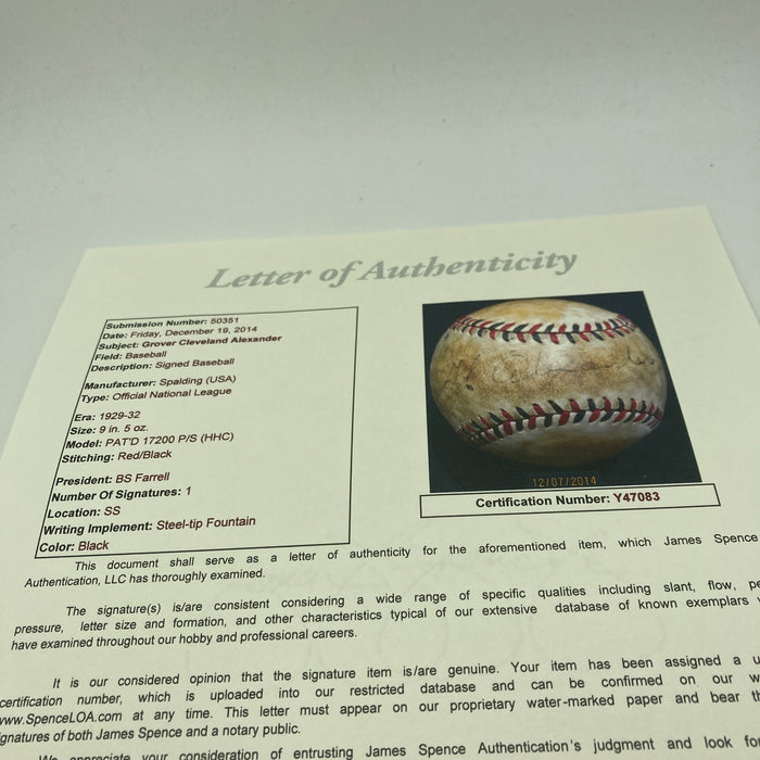 Grover Cleveland Alexander Single Signed 1929 National League Baseball JSA COA