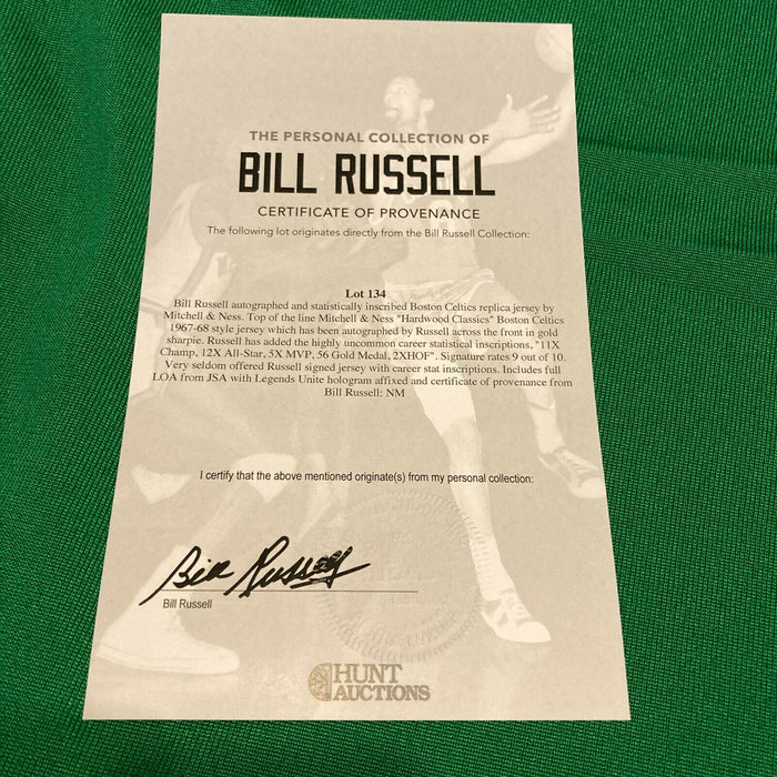 Bill Russell Signed Heavily Inscribed STATS Boston Celtics Jersey With JSA COA