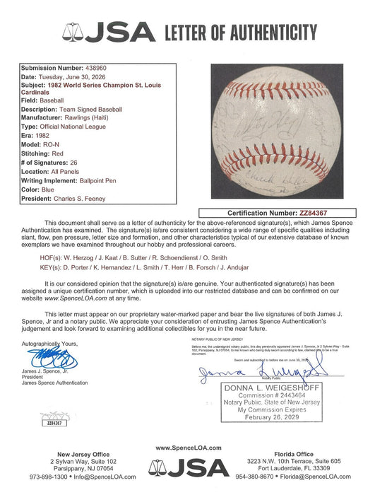 1982 St. Louis Cardinals World Series Champs Team Signed Baseball JSA COA