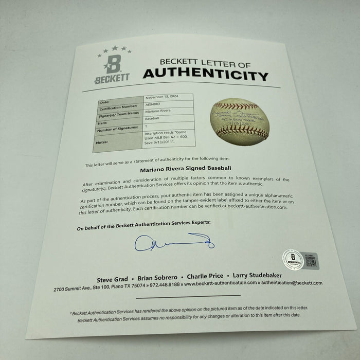 Historic Mariano Rivera 600th Save Signed Game Used Baseball Beckett & MLB Auth