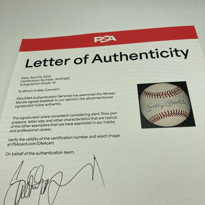 Mickey Mantle Signed American League Baseball PSA DNA Graded 10 GEM MINT