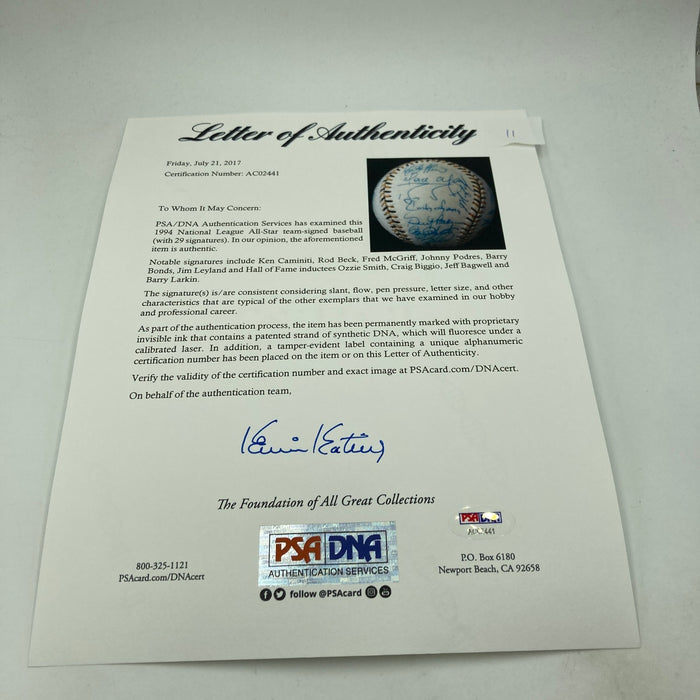 1994 All Star Game National League Team Signed Baseball Barry Bonds PSA DNA COA